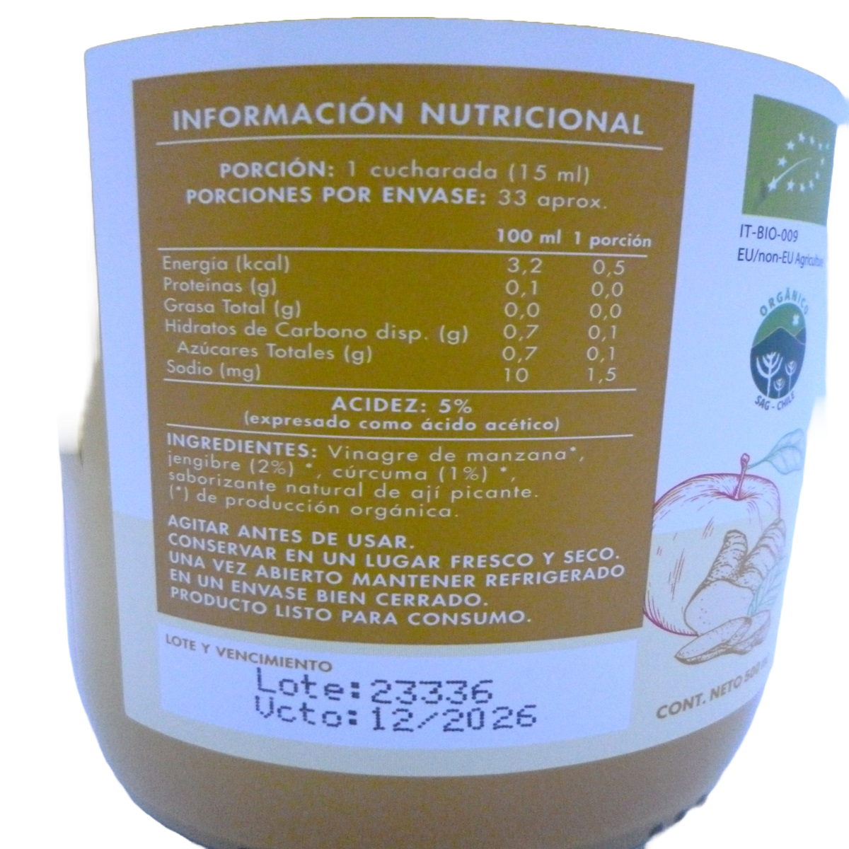 Vinagre Manzana Con Cúrcuma Y Jengibre-500ml. Manare.